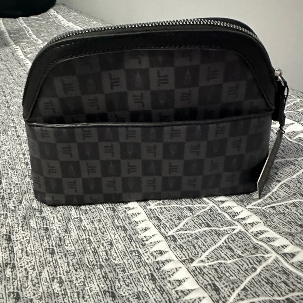 London Fog Ellie Monogram Cosmetic Clutch Brown Quiet Luxury Chic NWT